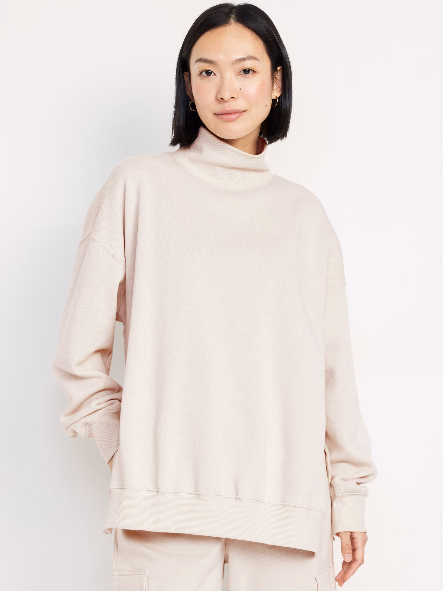 cream oversized tunic sweatshirt turtleneck cozy 
